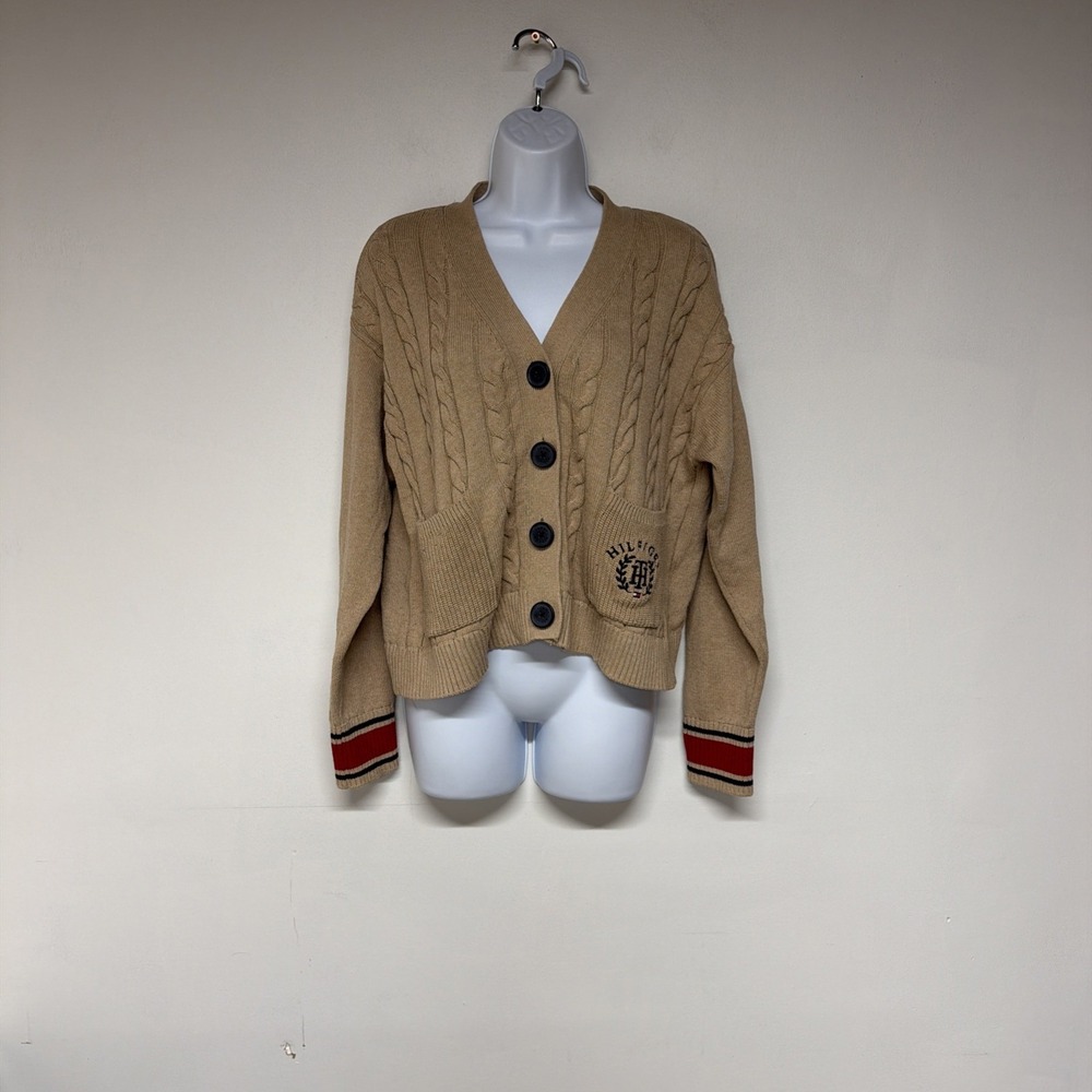 Tommy Hilfiger Women's Cable Knit Varsity Cardigan Size  S 100% Cotton Preppy